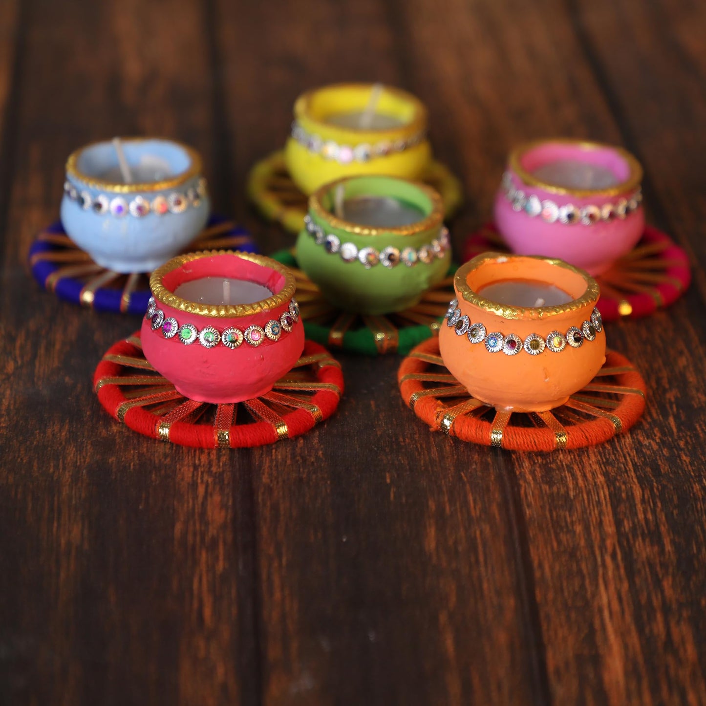 4OUR FAITH Matki Wax Filled Diya Set Handpainted Terracotta 6 Pc Multicolor