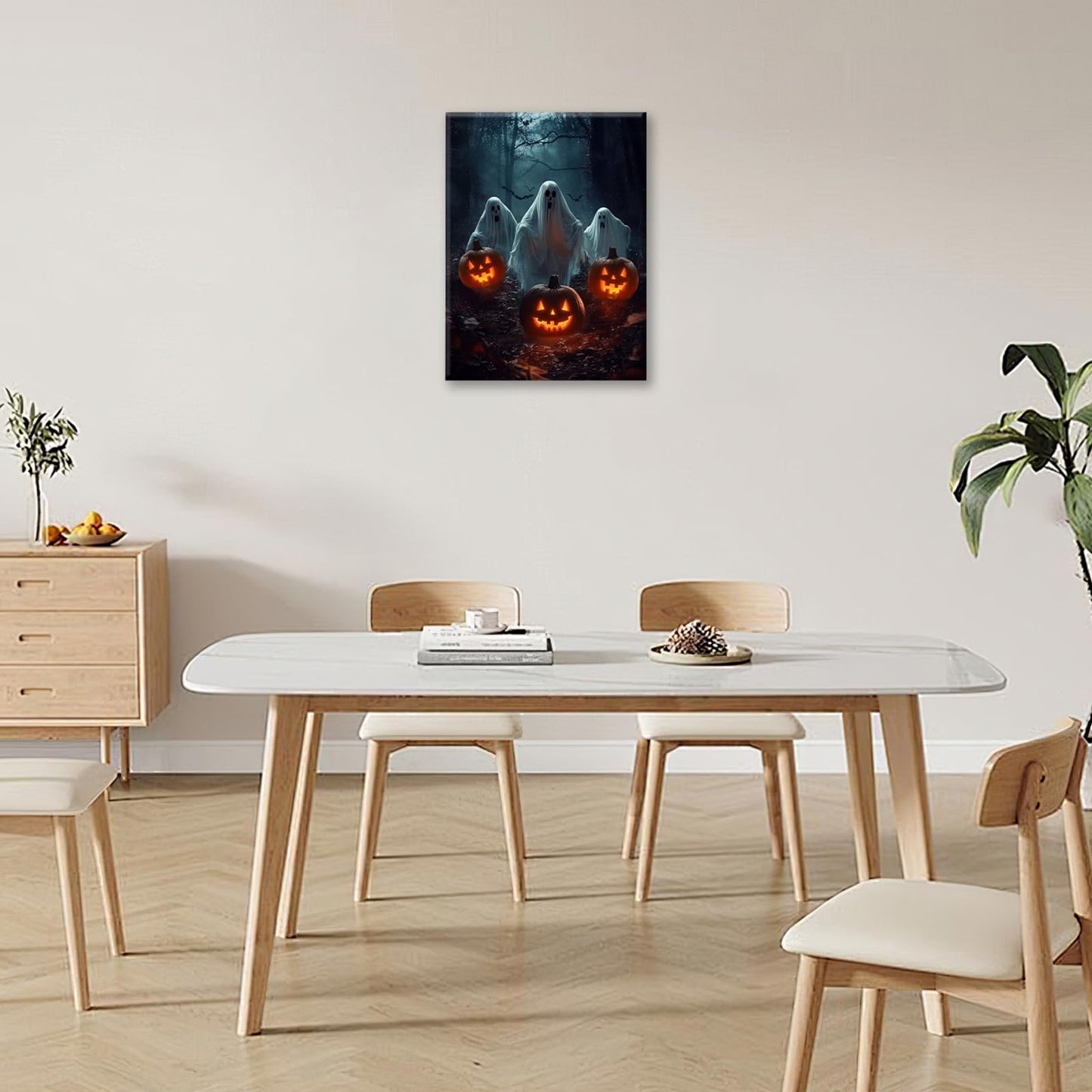 Gothic Halloween Ghost Pumpkin Wall Art Canvas Painting Framed 12x16