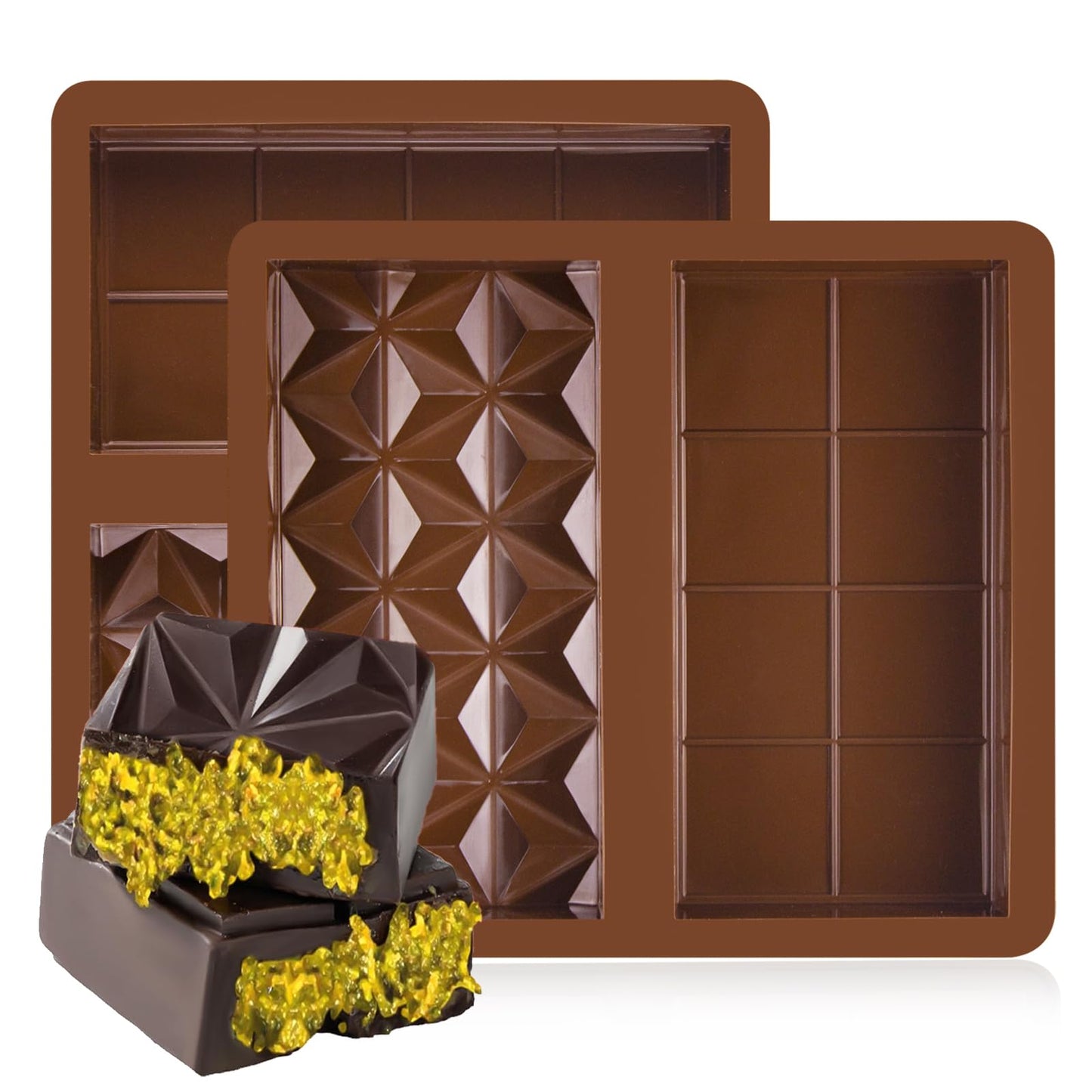 BMSQOFD Silicone Chocolate Bar Molds 2 Pack 1in Deep Brown Dubai Pistachio