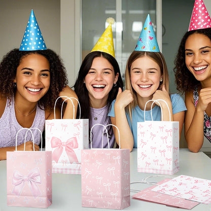 BOXOB Pink Bow Gift Bags 12pcs 8.27x6.3x3.15in Pink White Party Favor
