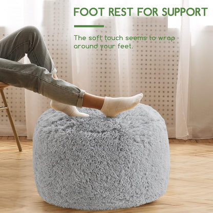 HIGOGOGO Round Faux Fur Stuffed Pouf Ottoman 26x18 Light Grey