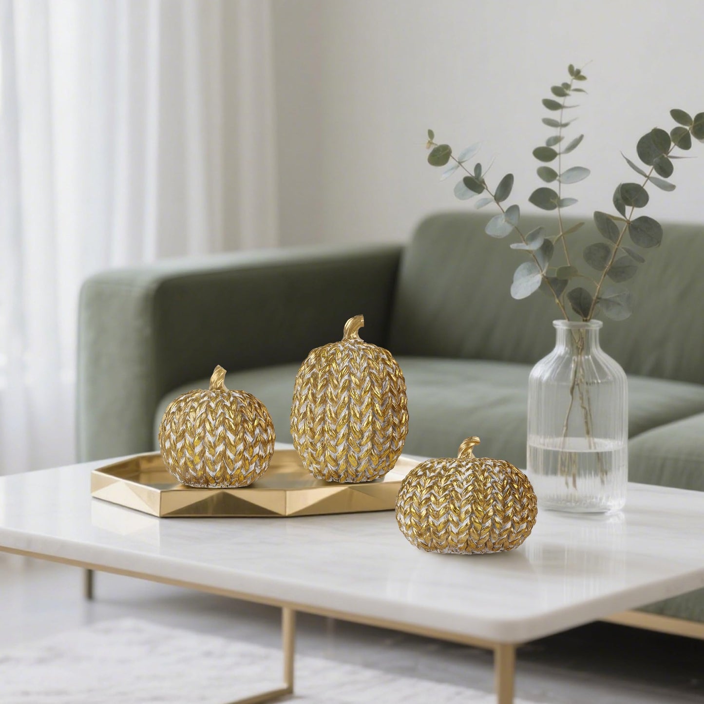 winemana Fall Decorations Set of 3 Gold White Resin Pumpkins Woven Design