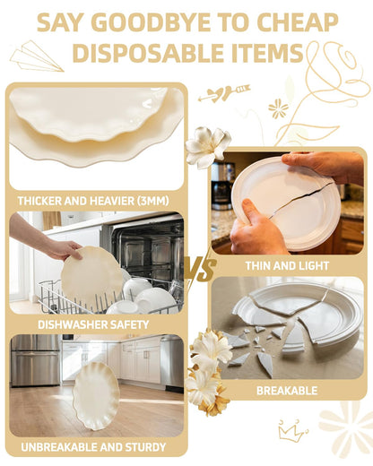 LIYH 24 Pcs Plastic Plates Reusable Scalloped Beige BPA Free 12 Guests