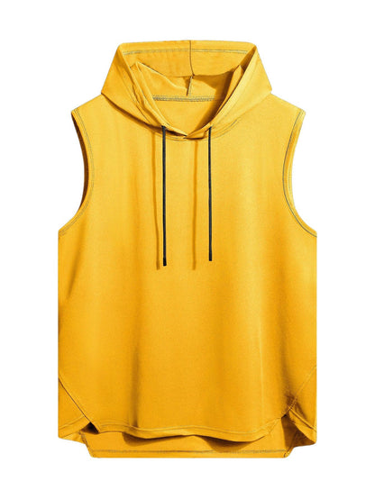 VIPWOLF Men's Sleeveless Hoodie Tank Top Drawstring High Low Hem Yellow Size L