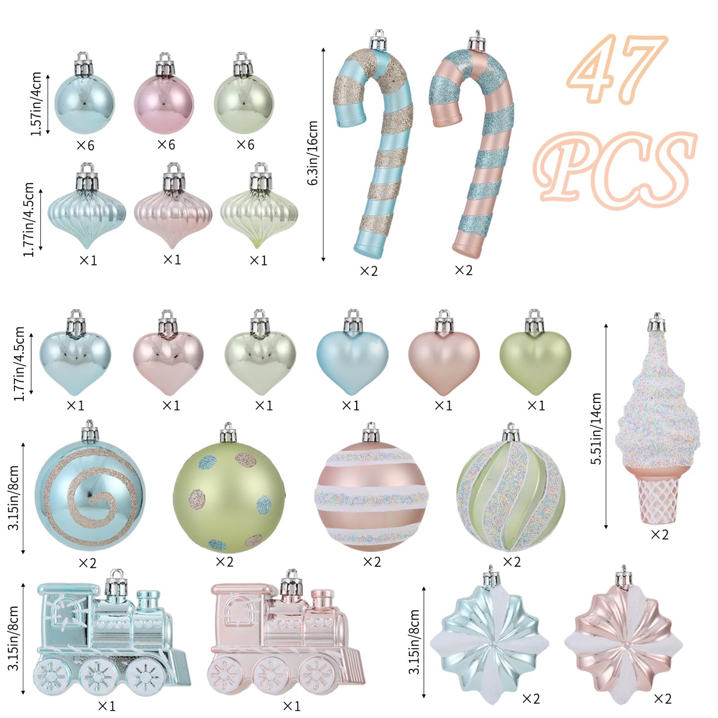 Forsylvanas Jewelry 47PCS Macaron Rose Gold Shatterproof Christmas Ornaments