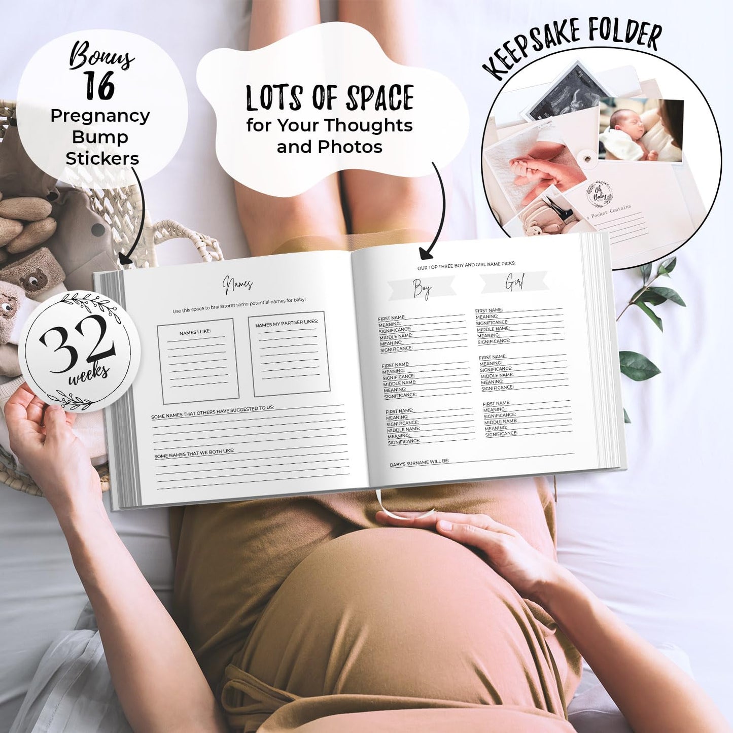LUMOSX Pregnancy Journal Memory Book Baby Bump Stickers Beige Gender Neutral