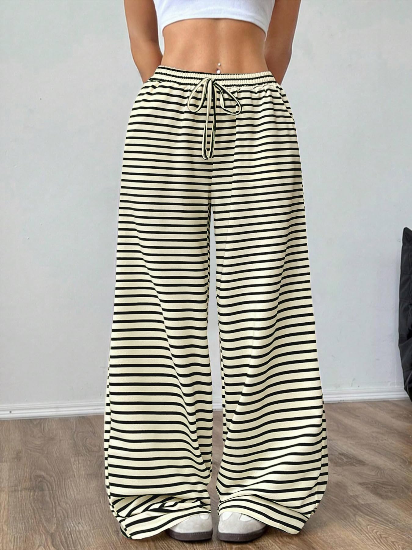 GUOLEZEEV Women Lounge Pants Elastic Waist Striped Y2K Sleepwear Black Apricot L