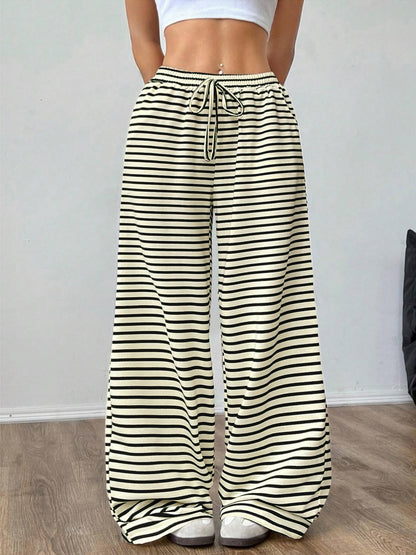 GUOLEZEEV Women Lounge Pants Elastic Waist Striped Y2K Sleepwear Black Apricot L