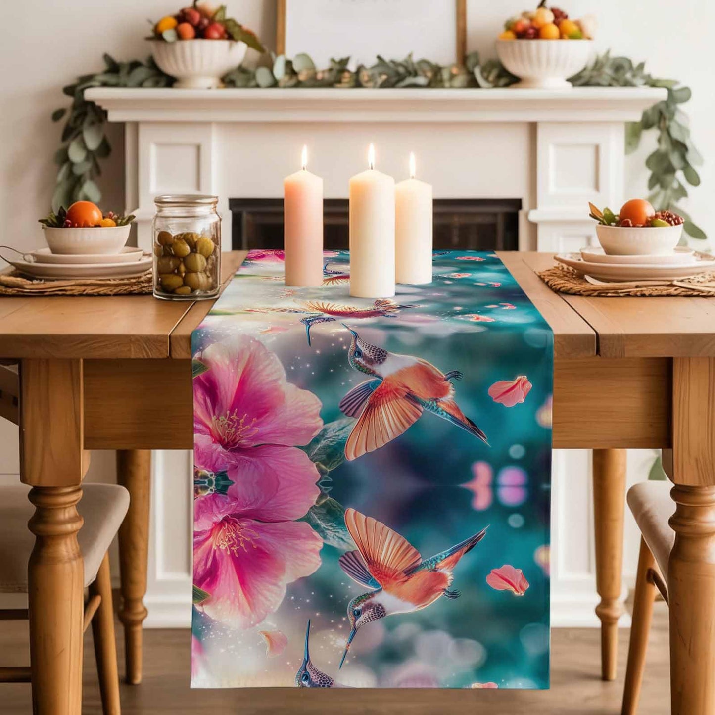 Perdecor Spring Hummingbird Pink Petals Table Runner 13x70in Cotton Linen