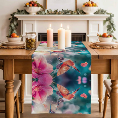 Perdecor Spring Hummingbird Pink Petals Table Runner 13x70in Cotton Linen