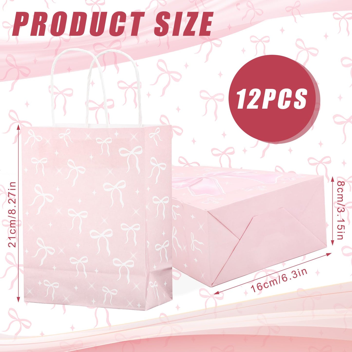 BOXOB Pink Bow Gift Bags 12pcs 8.27x6.3x3.15in Pink White Party Favor