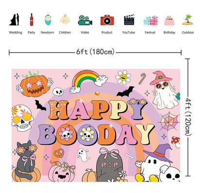 CUMIA Groovy Happy BooDay Banner Backdrop 6x4FT Boho Rainbow Ghost Halloween