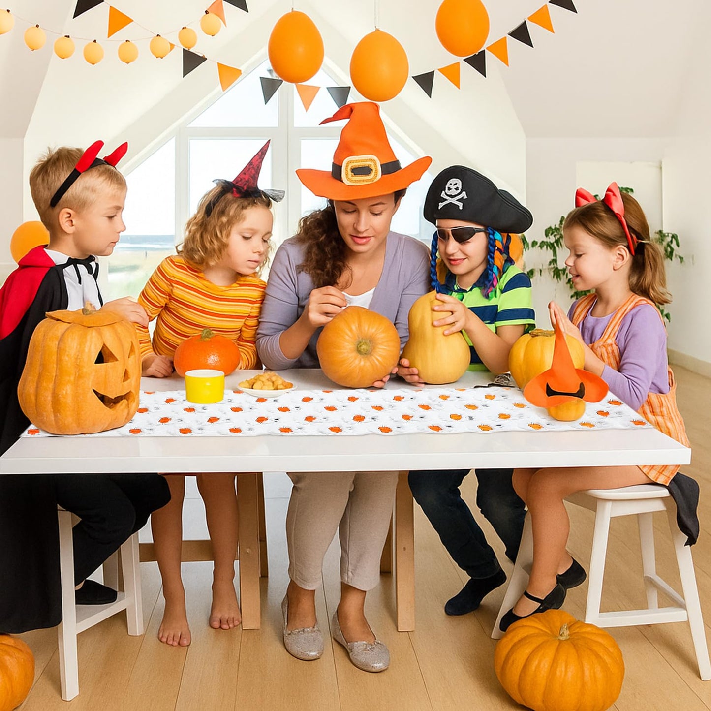 Frienda Fall Ghost Pumpkin Table Runner Ivory Plush 13x72 Inch