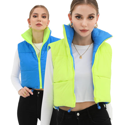 Xeoxarel Women's Reversible Puffer Cropped Vest Full Zip Sleeveless Green Blue M