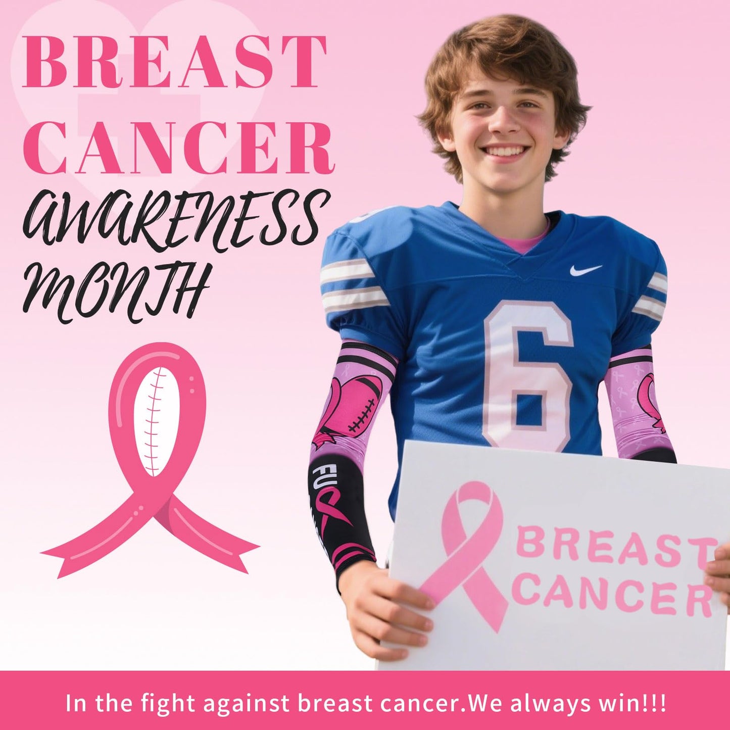 PABOBIT Breast Cancer Awareness Pink Ribbon Arm Sleeves Football 1 Pair Size