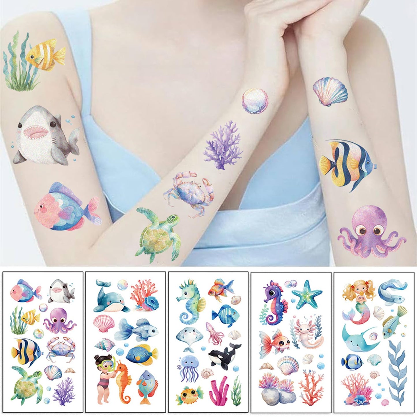 SBOBUY Ocean Animal Temporary Tattoos 10 Sheets Gold Cartoon Kids Party