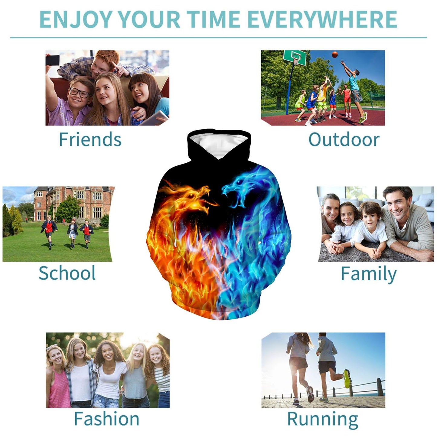Zenzenze Fire Ice Dragon 3D Printed Hoodie Boys Girls Multicolor Size 6-16