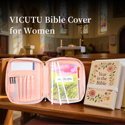 VICUTU Bible Cover Case for Women with Handle Pink Soft Quilted Carrying Bag