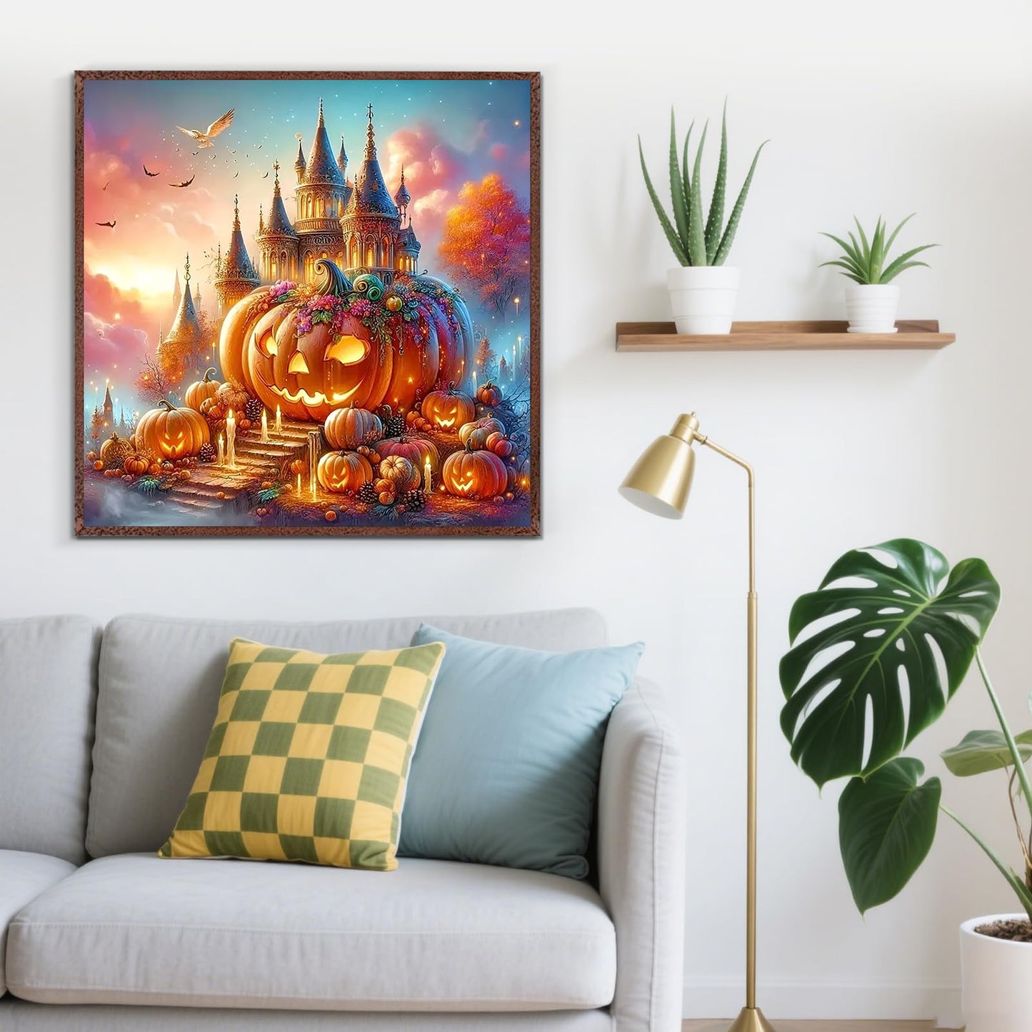 LKHMVCA Fall Pumpkin Castle Candle Diamond Painting Kit 13.8x13.8 Inch