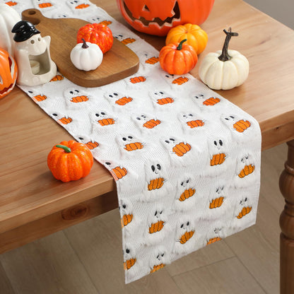 Frienda Fall Ghost Pumpkin Table Runner Ivory Plush 13x72 Inch