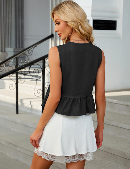 APRROOT Denim Vest Women Sleeveless V Neck Tie Front Dark Blue Size S