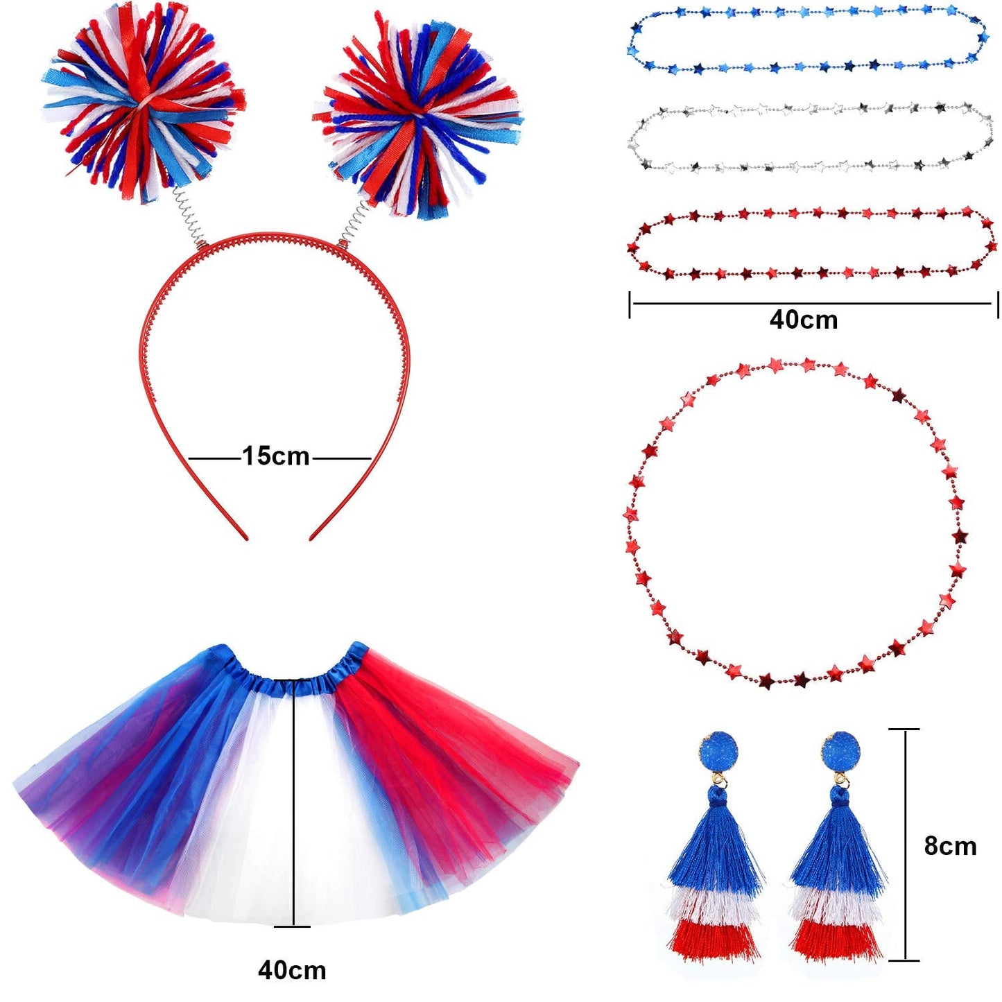 Hicarer 80s Women Tutu Set Pom Pom Headband Necklaces Earrings Red Blue White M