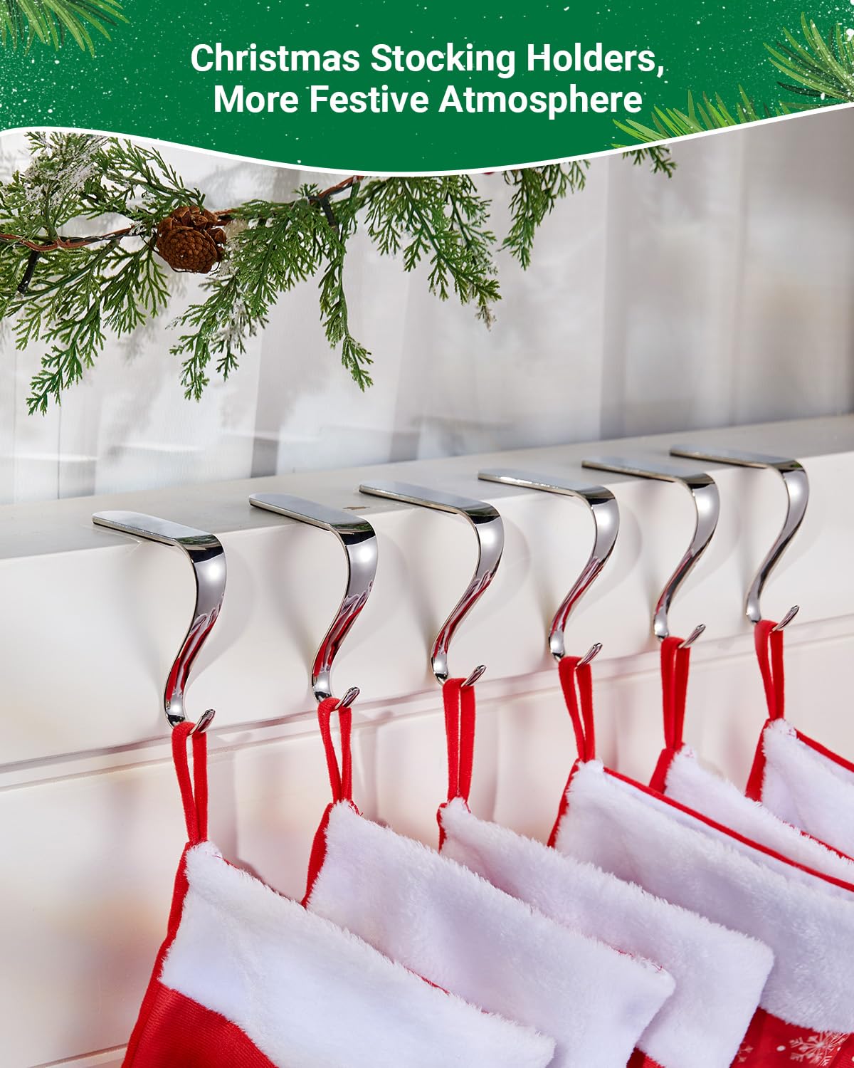 Minetom Christmas Stocking Holders Set of 6 Metal Mantle Hooks Silver