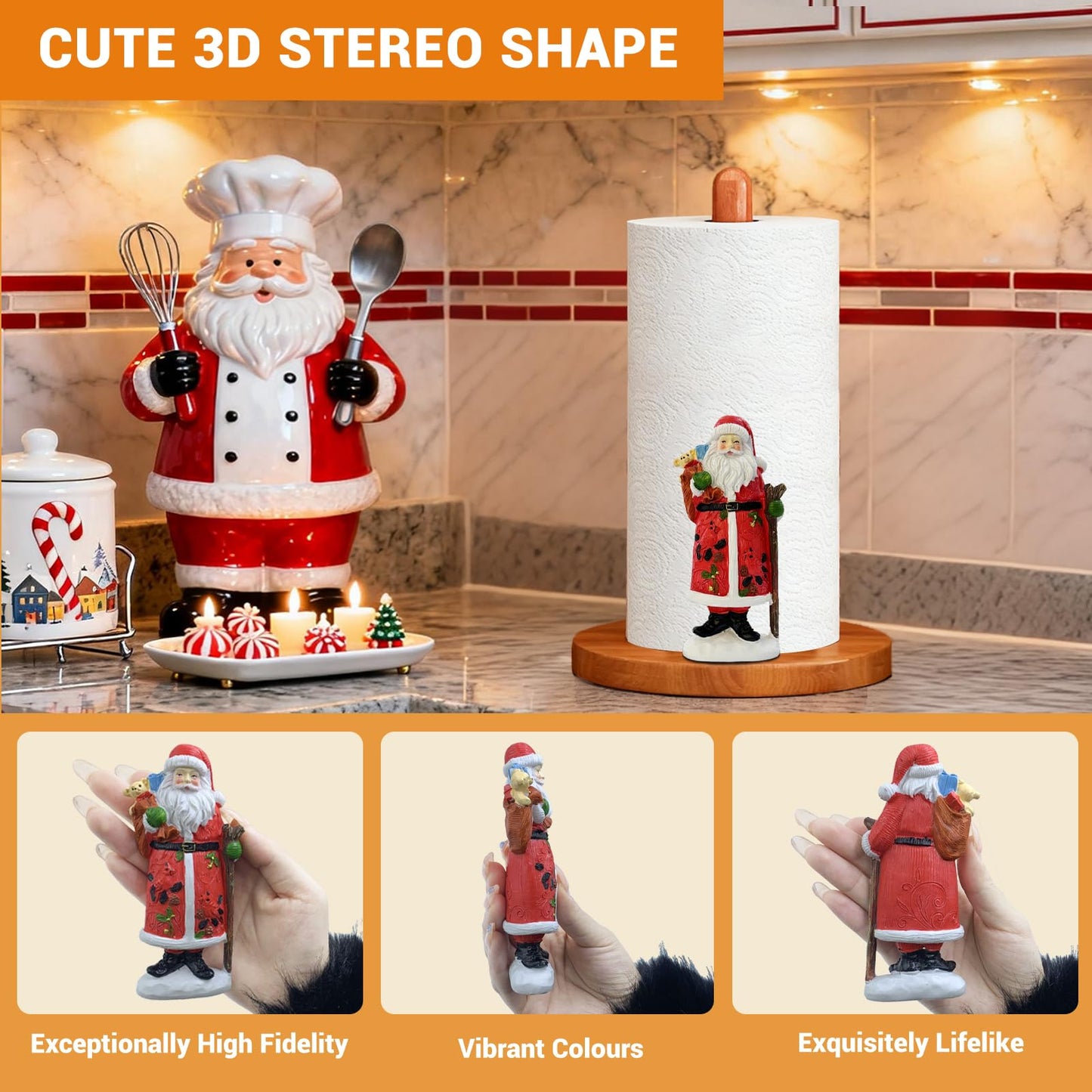 GAJ Christmas Paper Towel Holder Santa Claus Walnut Color 3D Xmas Decor