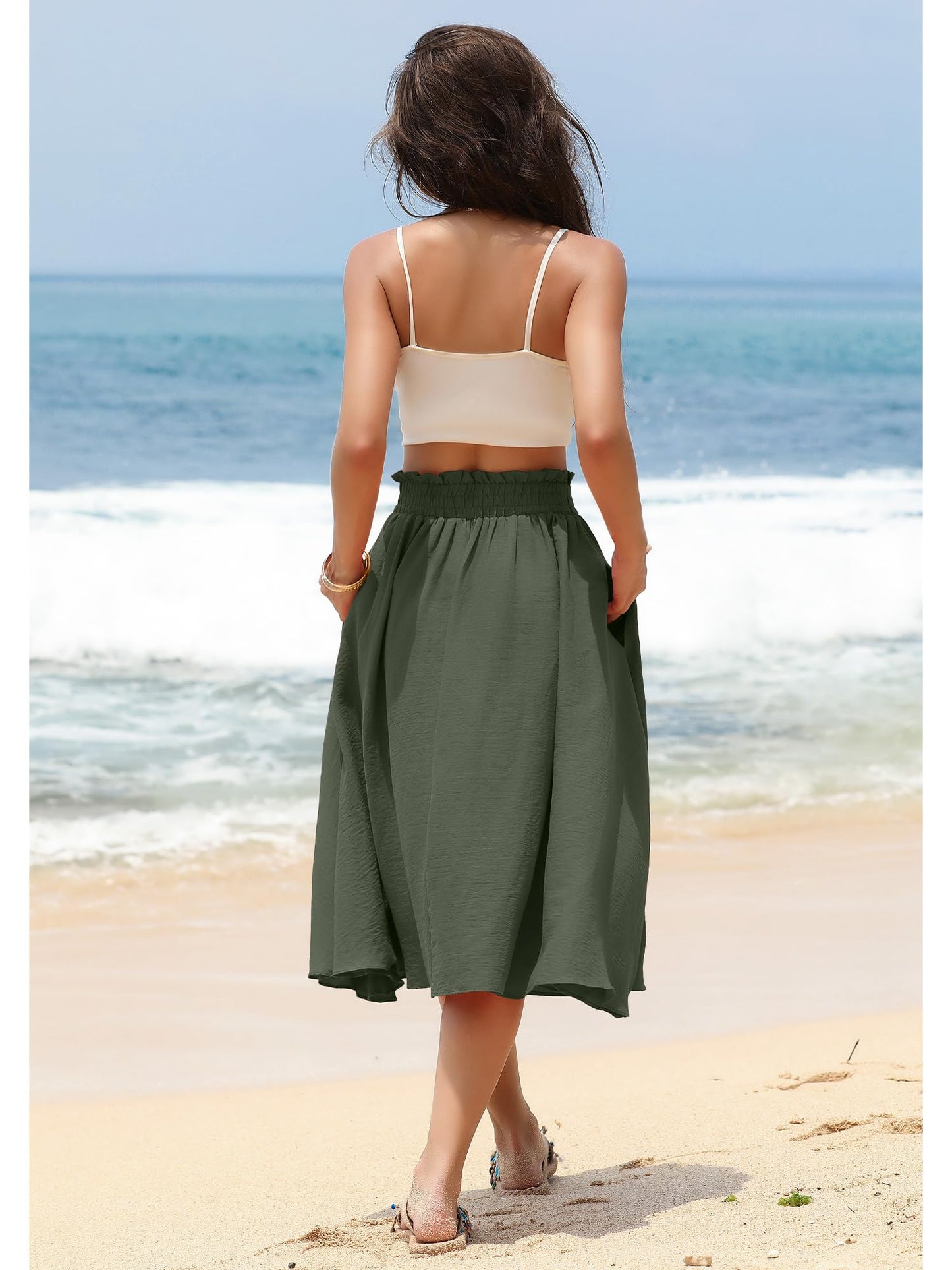 Poplab Women's Elastic High Waist Pleated A-Line Midi Skirt Army Green Size 2XL