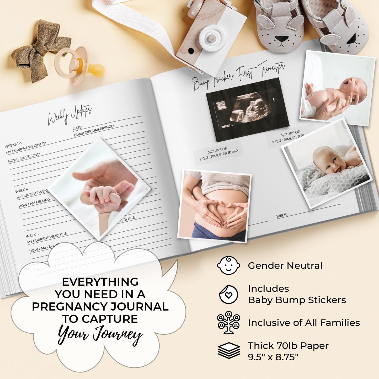 LUMOSX Pregnancy Journal Memory Book Baby Bump Stickers Beige Gender Neutral