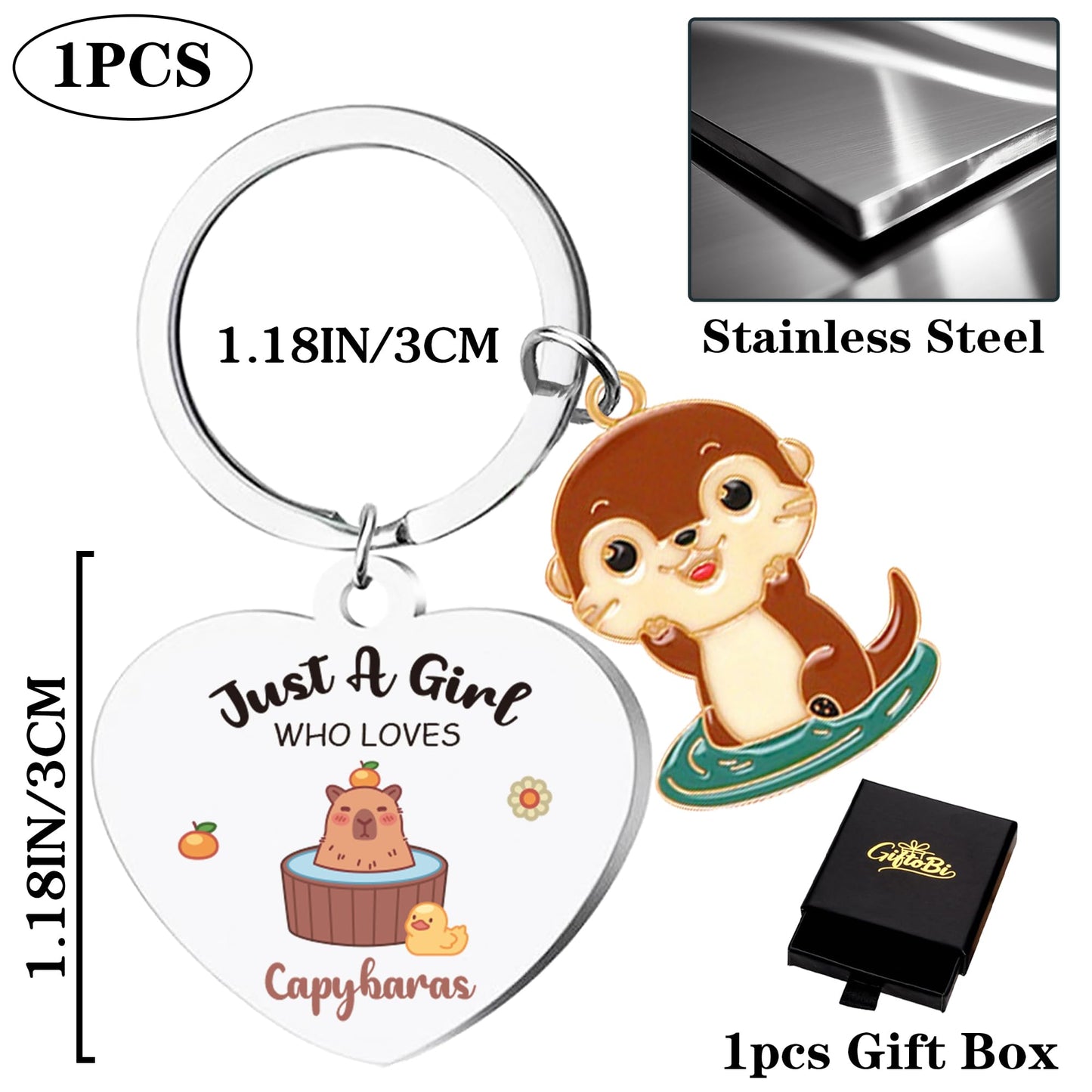 GiftoBi Capybara Animal Keychain Stainless Steel 3x3cm Silver B Unisex