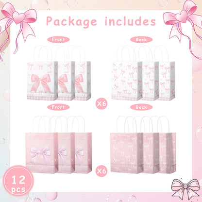 BOXOB Pink Bow Gift Bags 12pcs 8.27x6.3x3.15in Pink White Party Favor