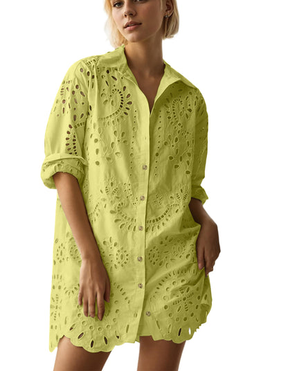 AIHUKOCY Women Hollow Out Button Down V Neck Long Sleeve Mini Dress Yellow M