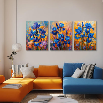 HTTART Blue Iris Flower Oil Painting Wall Art Van Gogh Style 12x16 Set of 3