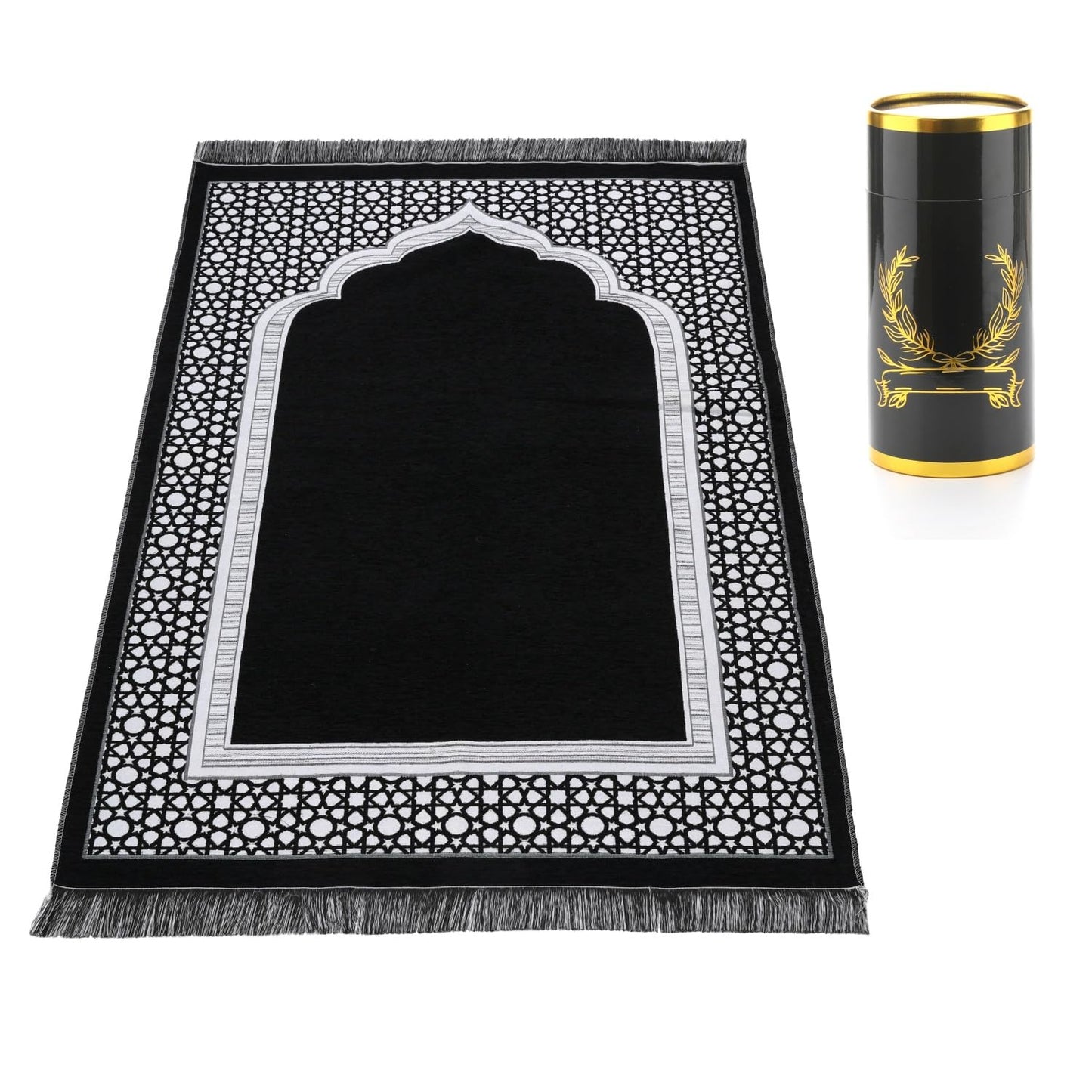 Muslim Prayer Rug Set with Beads & Cylinder Chenille Ramadan Mat 27.5x43.3 Inch
