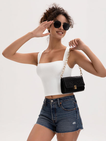 MOSSROZZ Crop Tank Top White Ribbed Athletic Slim Fit Wide Strap Size M