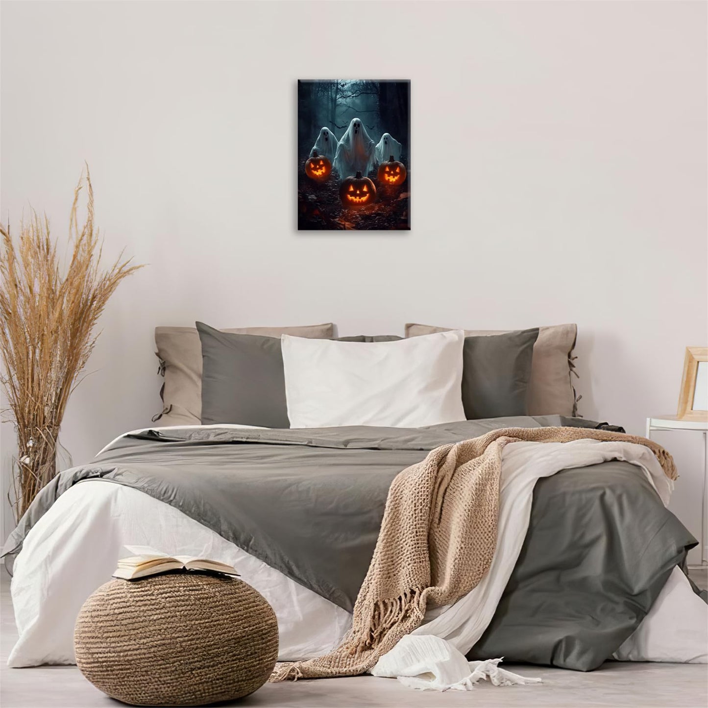Gothic Halloween Ghost Pumpkin Wall Art Canvas Painting Framed 12x16