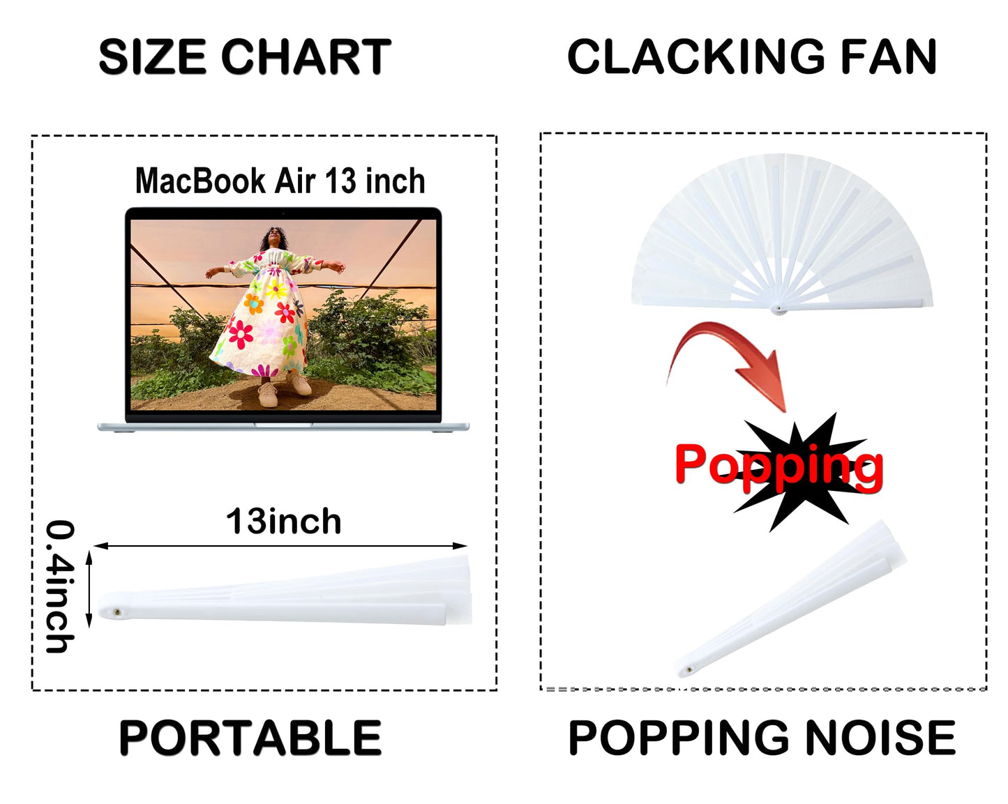 GeGeYa 13inch Large Rave Popping Hand Fans Foldable White 2 Packs
