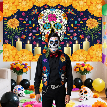 Sendy Day of The Dead Sugar Skull Backdrop 7x5ft Vibrant Colors Vinyl