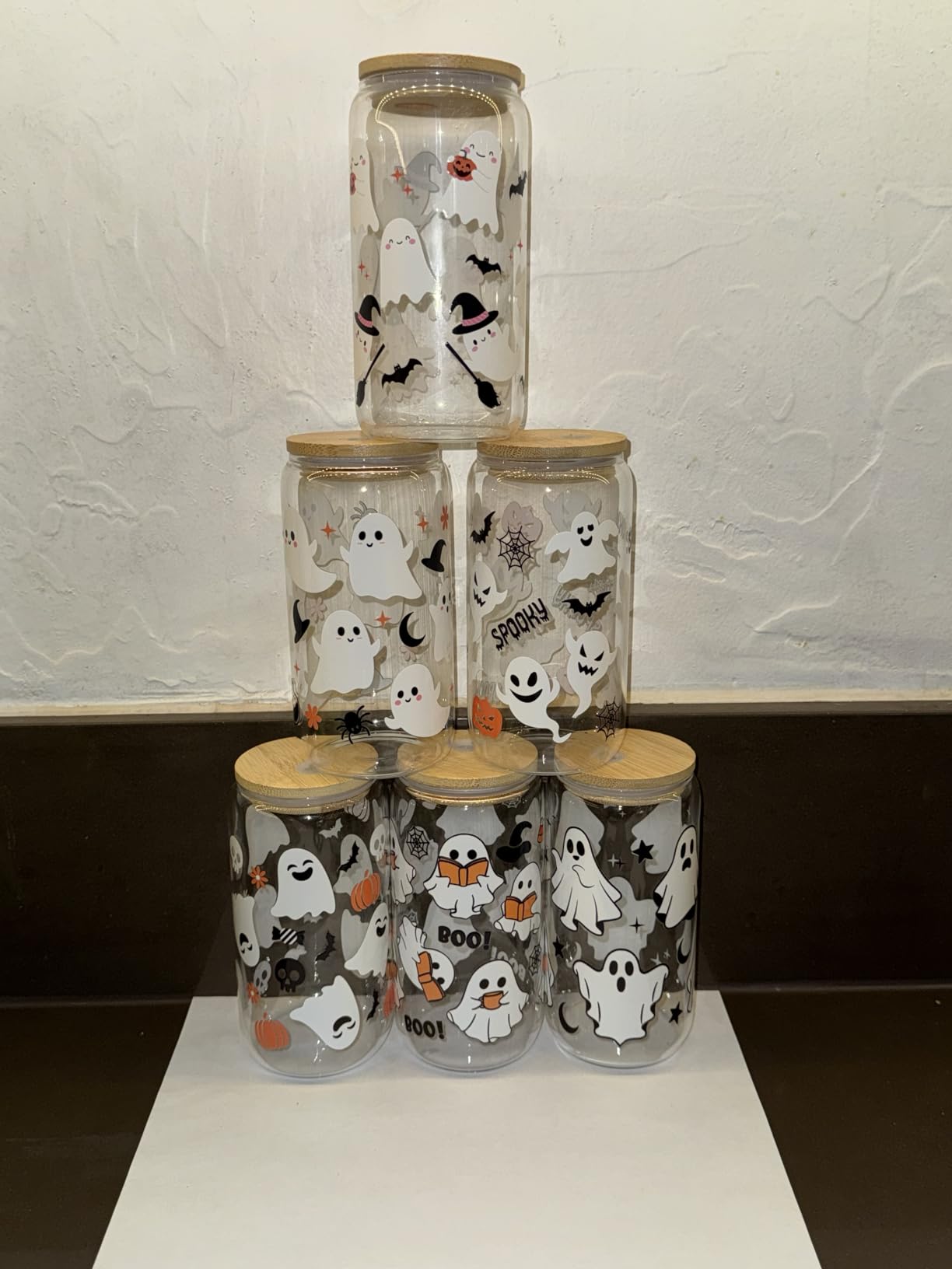 Acellegic Halloween Glass Cups 16oz Bamboo Lids Straws 12pcs White