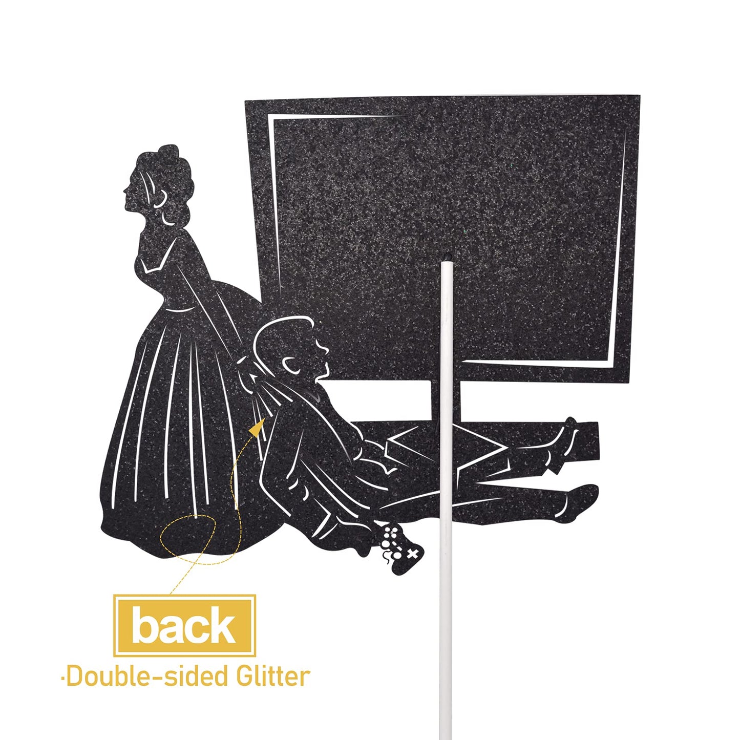 Little Man Game Over Wedding Cake Topper Double-sided Black Glitter 5.5x4.5in