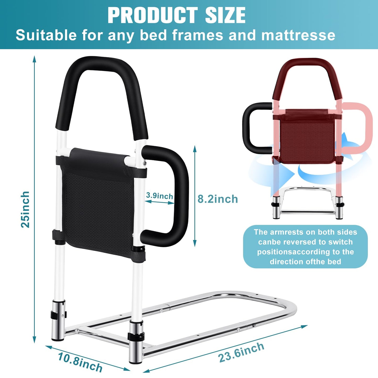 Okvpajdo Adjustable Bed Rail with 2Grab Bars Safety Guard Black White King Queen