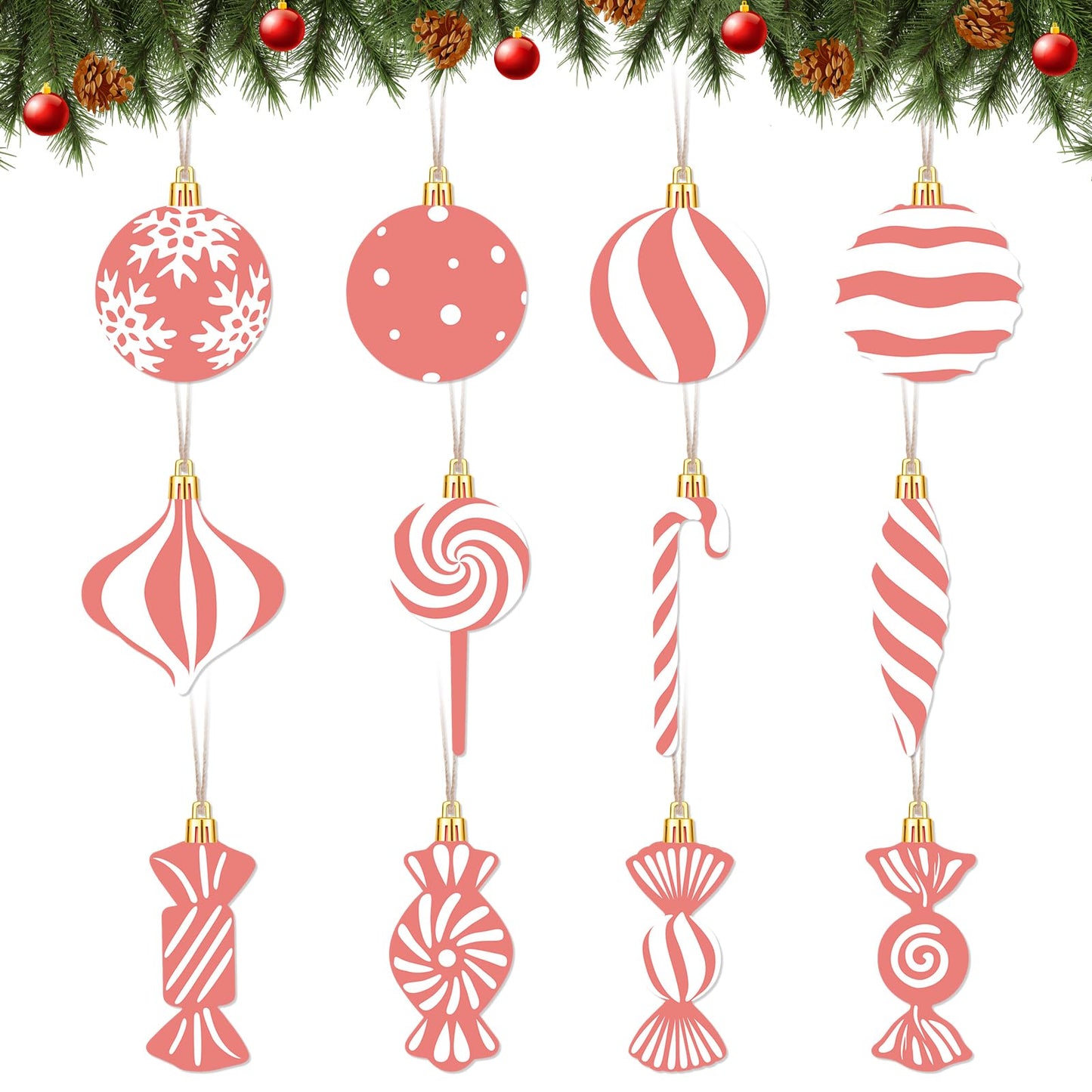 Arosche Christmas Candyland Tree Decorations 24Pcs Pink Wooden Ornaments
