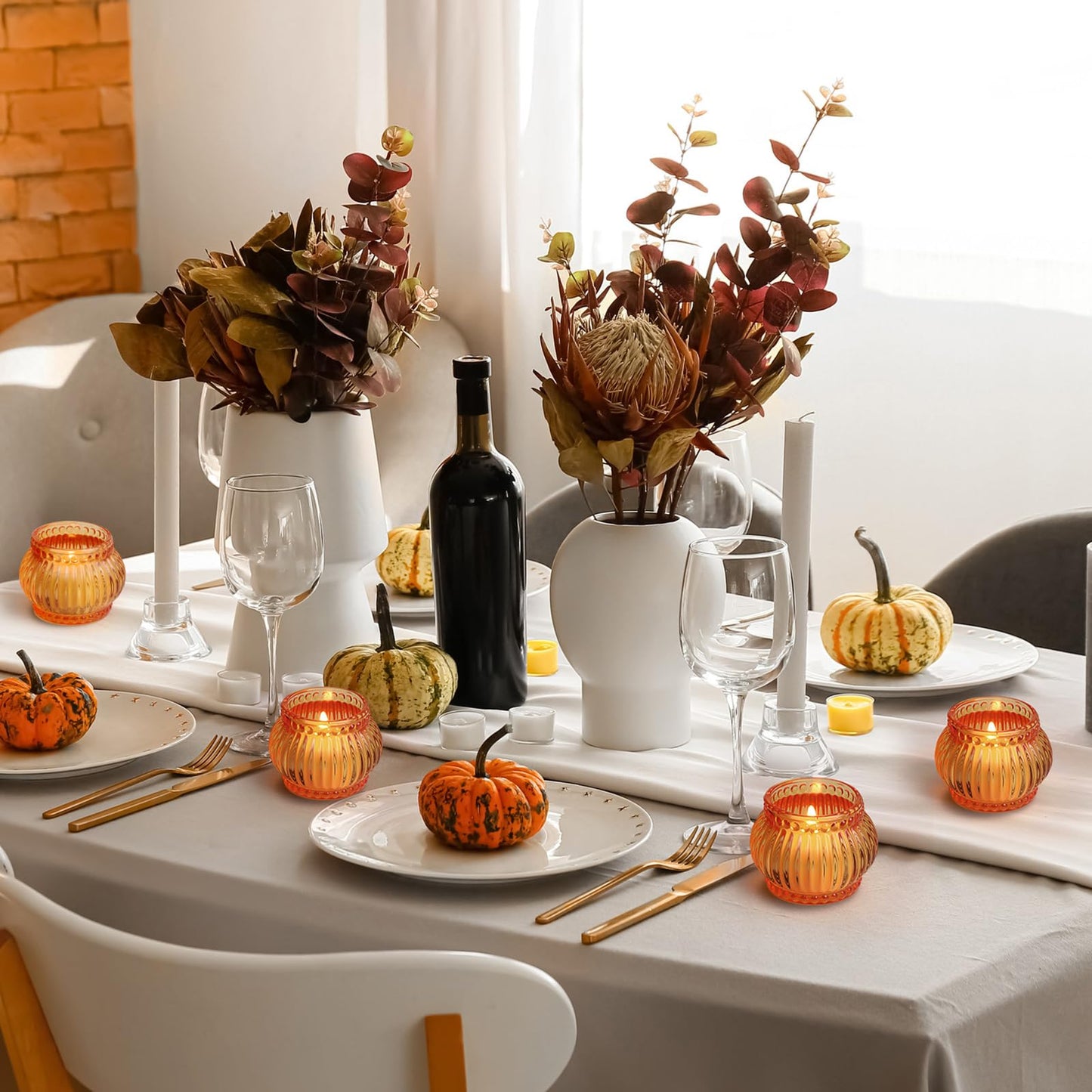 Mumufy 12 Pcs Orange Pumpkin Glass Votive Candle Holders Thanksgiving Decor