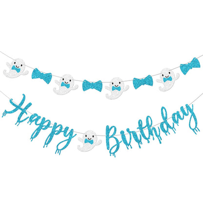 Vofrise Blue Halloween Birthday Banner Glitter Bow Tie Ghost Garland