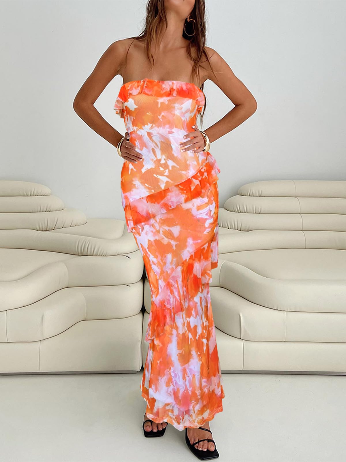 Oumrdeo Women's Strapless Floral Orange Maxi Dress Size L