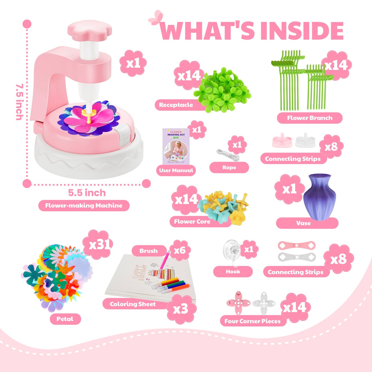 Kingci Fabric Flower Bouquets DIY Kit 117PCS Pink Creative Craft Set