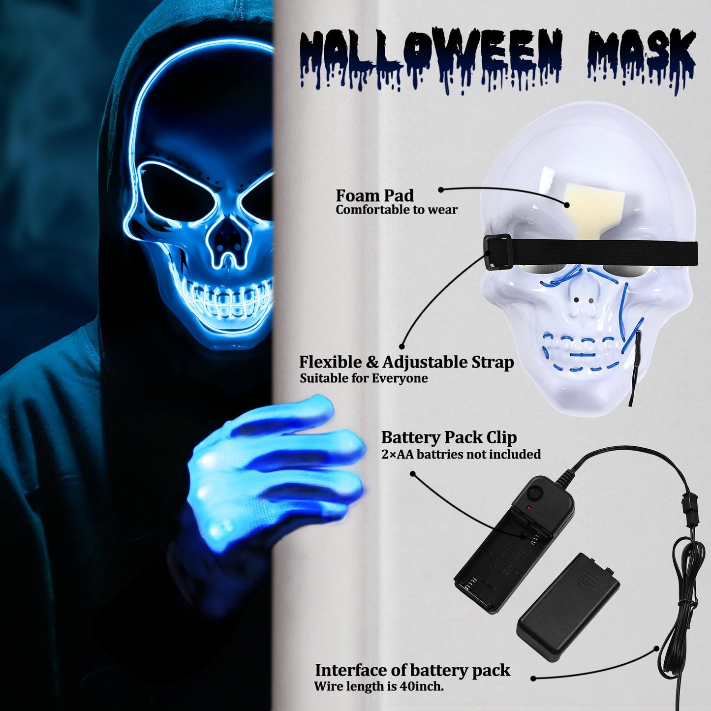 Waipfaru Halloween Scream Mask with Gloves Blue 2PCS Plastic