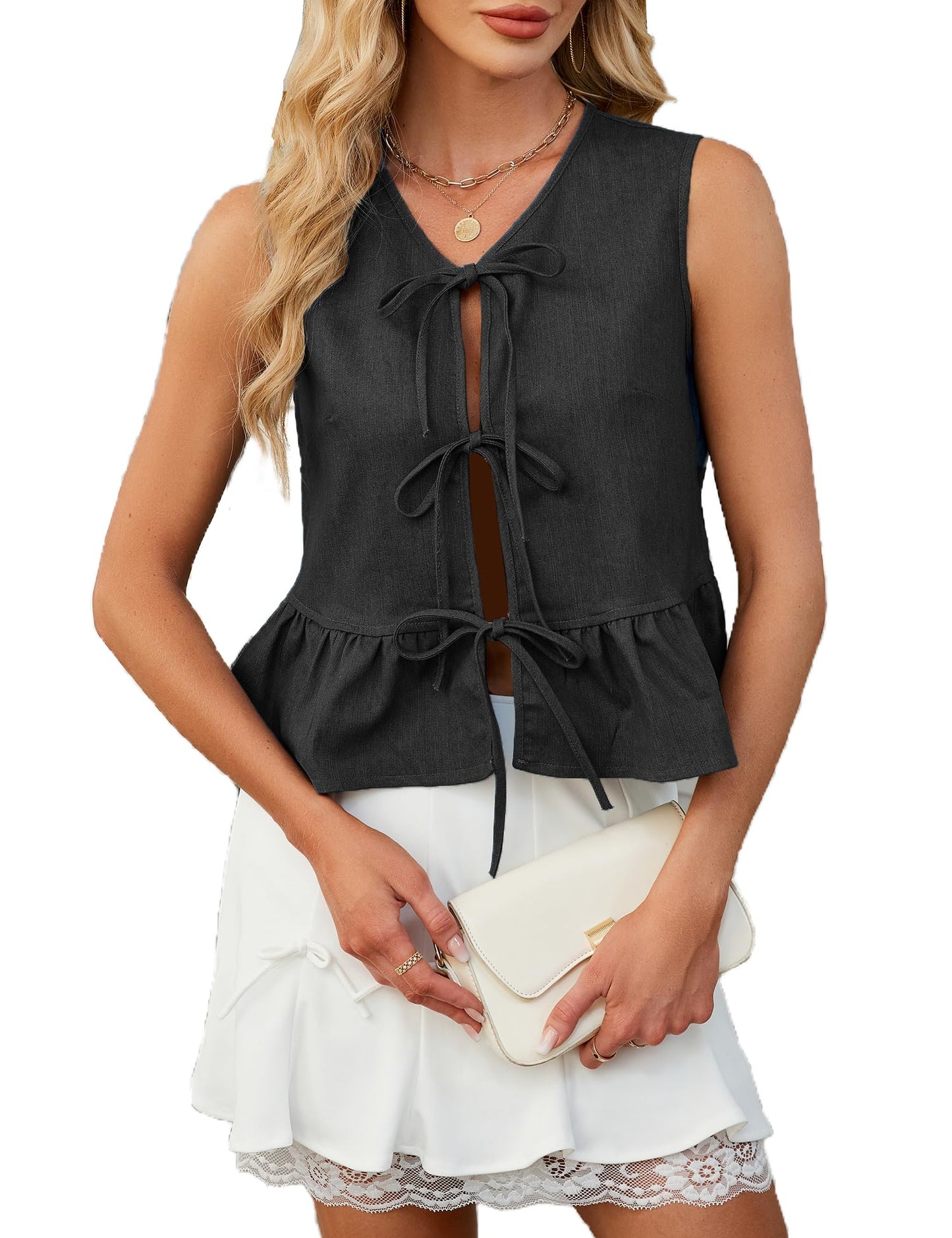 APRROOT Denim Vest Women Sleeveless V Neck Tie Front Dark Blue Size S