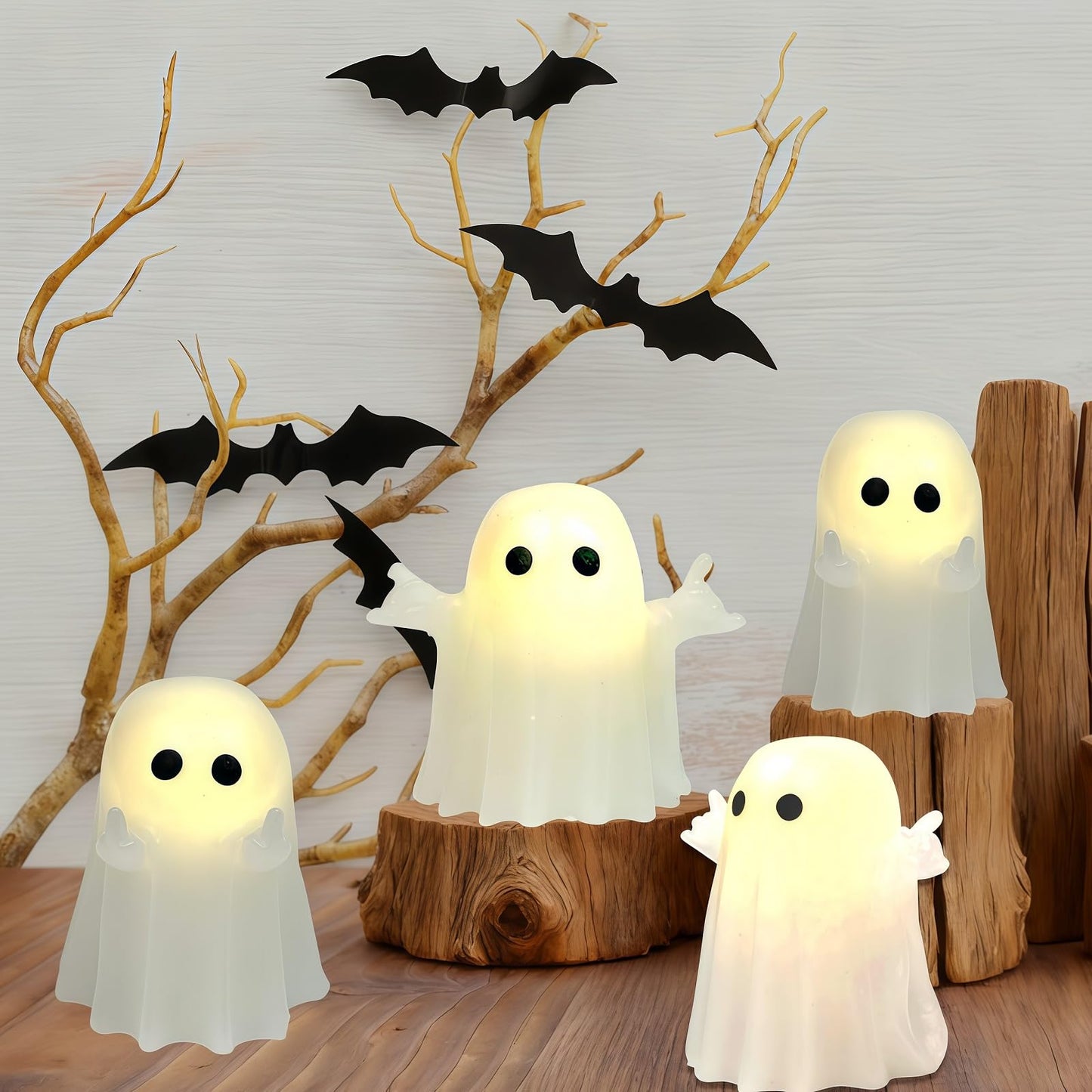 Nafhone Halloween Ghost Flameless LED Candles 4 Pack Real Wax White 8x7cm